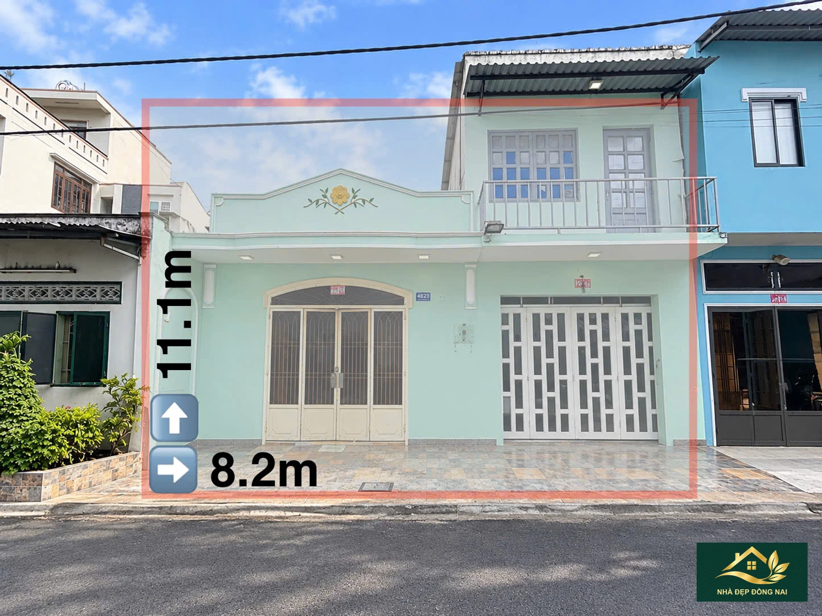Mặt tiền nhà kèm đất Quang Vinh với chú thích kích thước từ nguồn